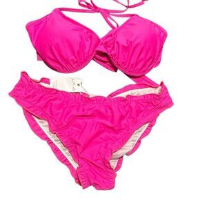 Drop the walls underwire hot pink ruffle ruched bikini scrunch bottom L